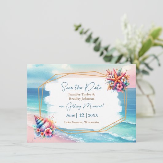 Invitation Pastel Rose Bleu Océan Afficher Mariage Enregistre (Debout devant)