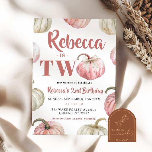 Invitation Pastel Rose Citrouille fille 2e anniversaire