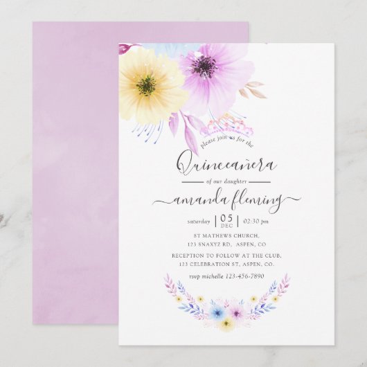 Invitation Pastel rose et bleu Floral Quinceañera (Devant / Derrière)