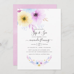 Invitation Pastel rose et bleu floral Sip et voir