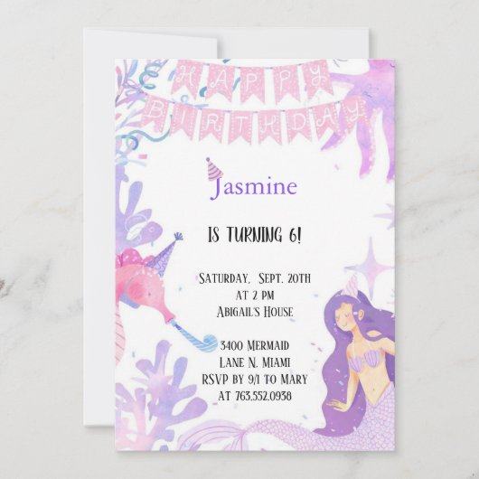 Invitation pastel rose et violet pastel sirène anniversaire (Devant)