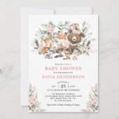 Invitation Pastel Rose Floral Baby shower Animaux (Devant)