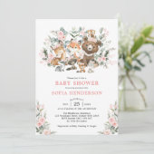 Invitation Pastel Rose Floral Baby shower Animaux (Debout devant)
