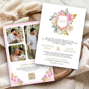Invitation Pastel Rose Floral QR Code Photo Crest Mariage