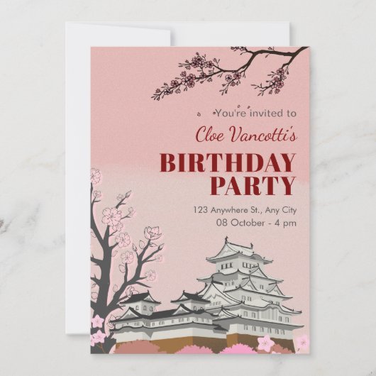 Invitation Pastel rose japonais fleur anniversaire (Devant)
