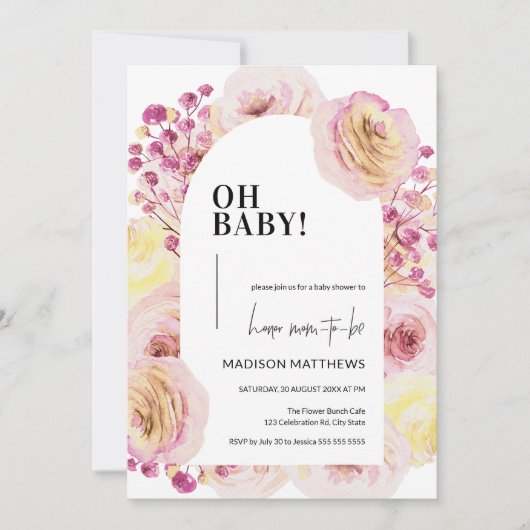 Invitation Pastel rose jaune floral Baby shower bébé fille (Devant)
