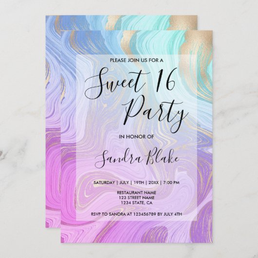 Invitation pastel rose Unicorn marbre liquide Girly Moderne (Devant / Derrière)