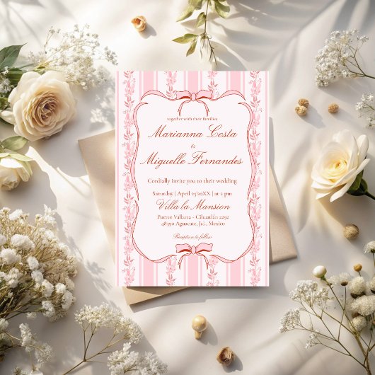 Invitation Pastel rose vintage rayures florales mariage