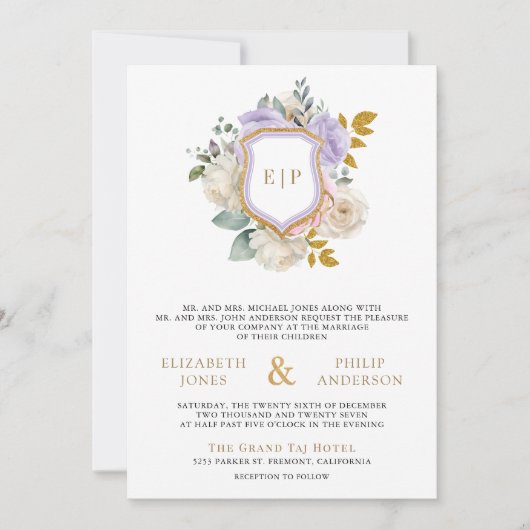 Invitation Pastel rose violet Floral QR Code Crest Mariage (Devant)