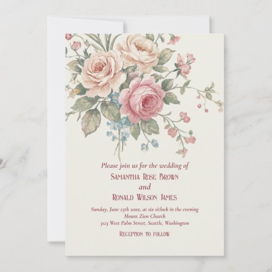 Invitation Pastel Roses Shabby Chic Wedding  (Devant)