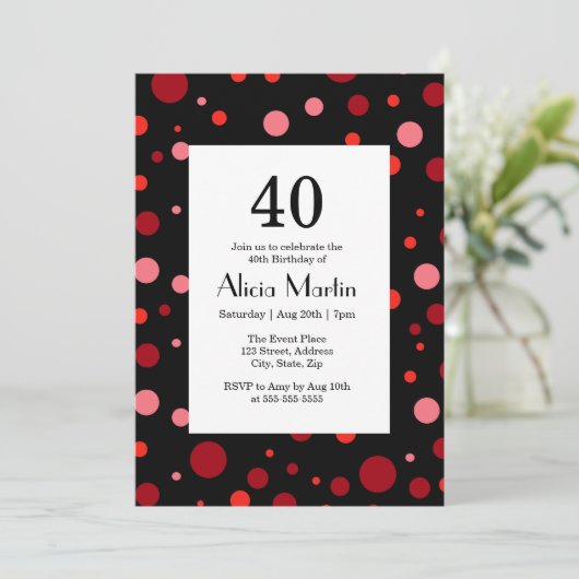 Invitation Pastel Ruby Cranberry Polka Dot Noir 40 Anniversai (Debout devant)