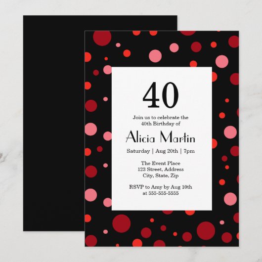 Invitation Pastel Ruby Cranberry Polka Dot Noir 40 Anniversai (Devant / Derrière)