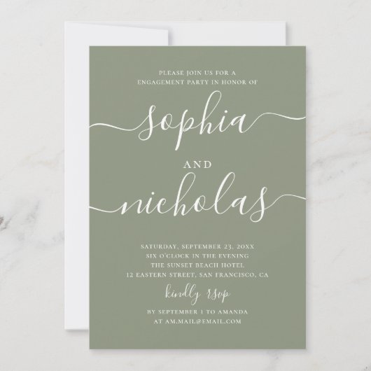 Invitation Pastel sauge vert simple script engagement (Devant)