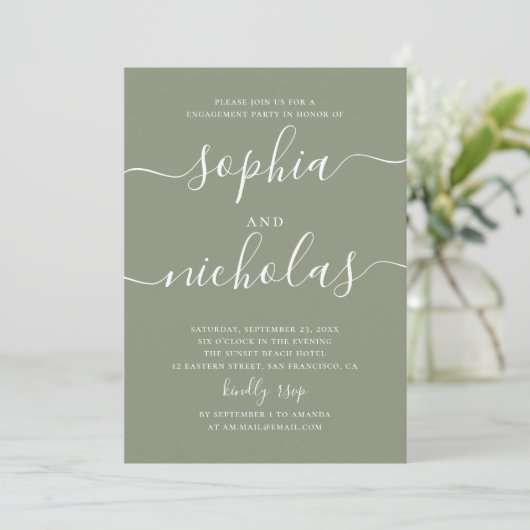 Invitation Pastel sauge vert simple script engagement (Debout devant)