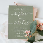 Invitation Pastel sauge vert simple script engagement<br><div class="desc">Simple écriture minimaliste invitation à la fête d'engagement dans le vert sauge pastel,  vert pâle couleurs pour mariage d'été de bois. Veuillez me contacter si vous avez besoin d'autres articles.</div>