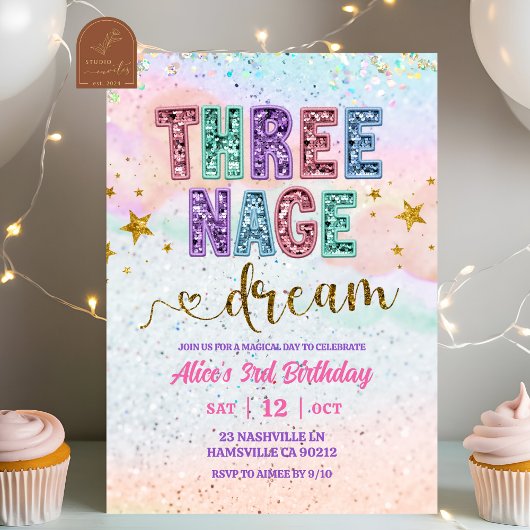Invitation Pastel Sequin Glitter Threenage Dream Birthday