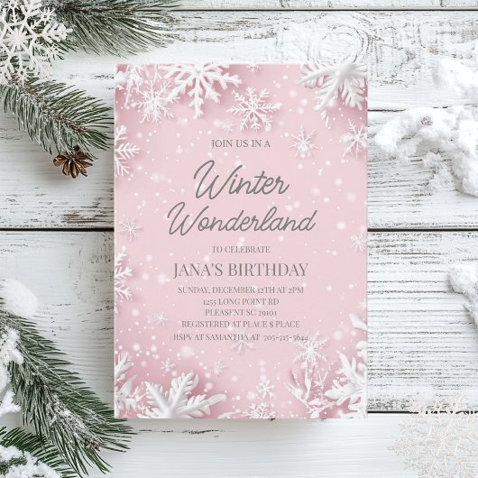 Invitation Pastel Soft Pink Snowflakes Winter Wonderland