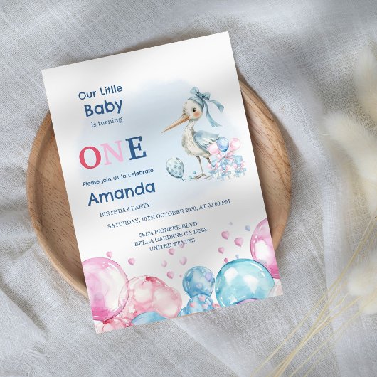 Invitation Pastel Stork & Balloons 1er Anniversaire