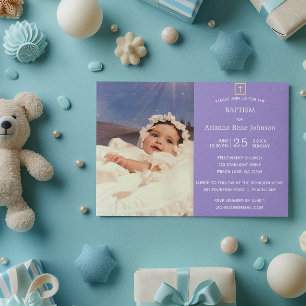 Invitation Pastel Stripes Lavender Photo Baptême Christening