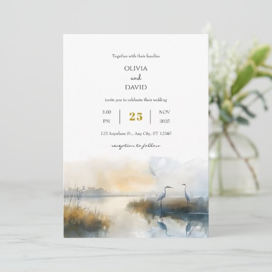 Invitation Pastel Sunrise Seaside Salt Marsh Beach Mariage (Debout devant)