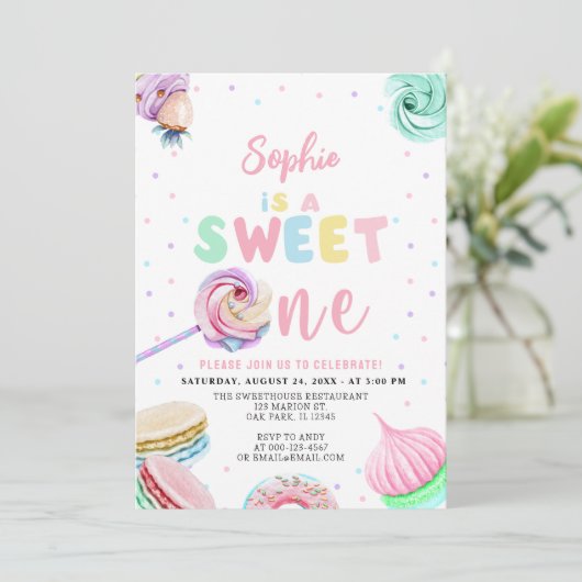 Invitation Pastel Sweets Donut & Candy Premier anniversaire (Debout devant)