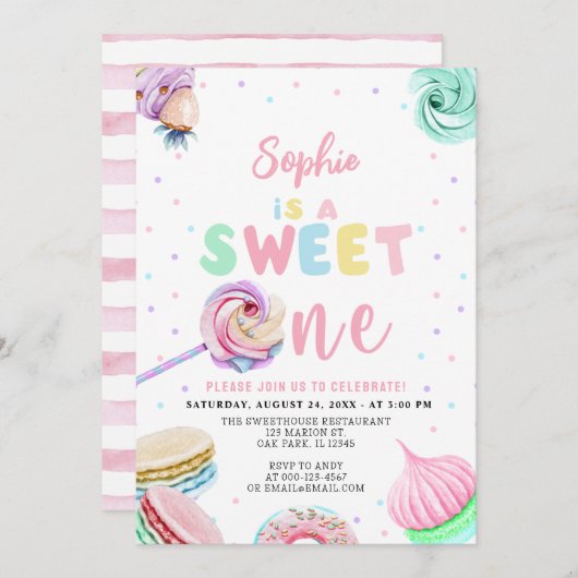 Invitation Pastel Sweets Donut & Candy Premier anniversaire (Devant / Derrière)