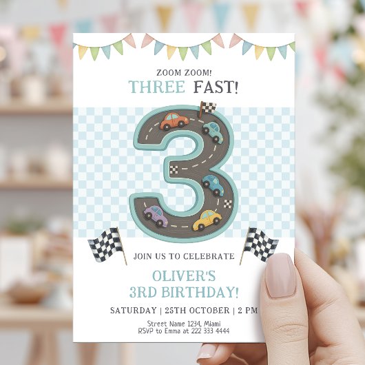 Invitation Pastel Three Fast Birthday Car