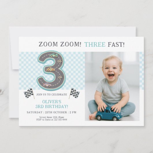 Invitation Pastel Three Fast Birthday Race (Devant)