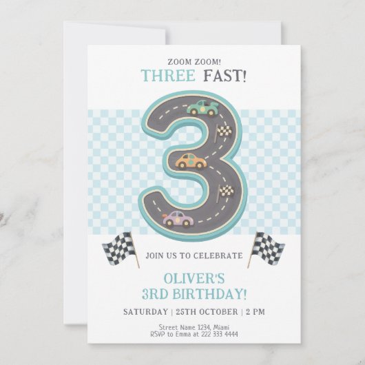 Invitation Pastel Three Fast Birthday Race (Devant)