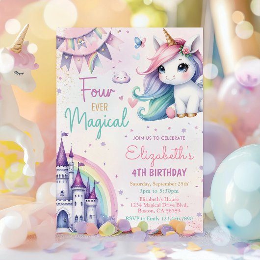 Invitation Pastel Unicorn Four Ever Magique 4e anniversaire