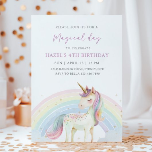 Invitation Pastel Unicorn & Rainbow Birthday Any Age Party