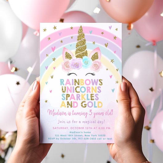 Invitation Pastel Unicorn Rainbow Sparkles Birthday