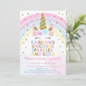 Invitation Pastel Unicorn Rainbow Sparkles Birthday (Debout devant)