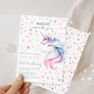 Invitation Pastel unicorne arc-en-ciel couleur fille annivers