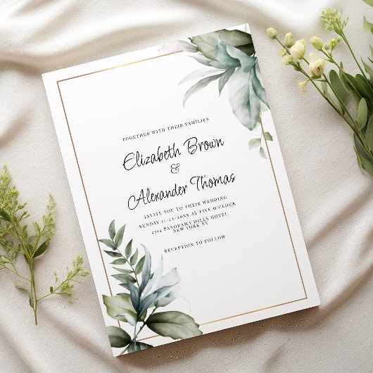 Invitation Pastel vert or beau feuille mariage à fleurs