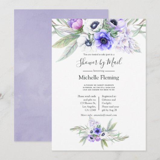 Invitation Pastel Violet Floral Bébé ou Fête des mariées par (Devant / Derrière)