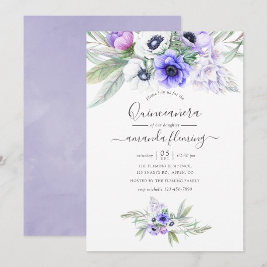 Invitation Pastel Violet Floral Quinceañera (Devant / Derrière)