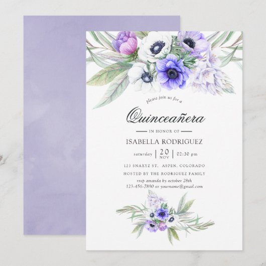 Invitation Pastel Violet Floral Quinceañera (Devant / Derrière)