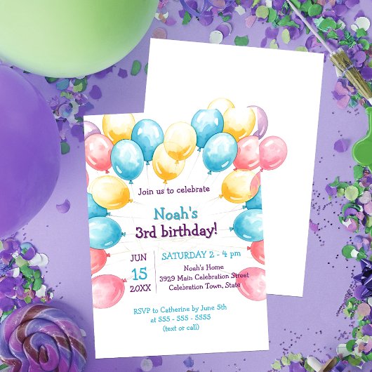 Invitation Pastel Watercolor Balloons fête d'anniversaire