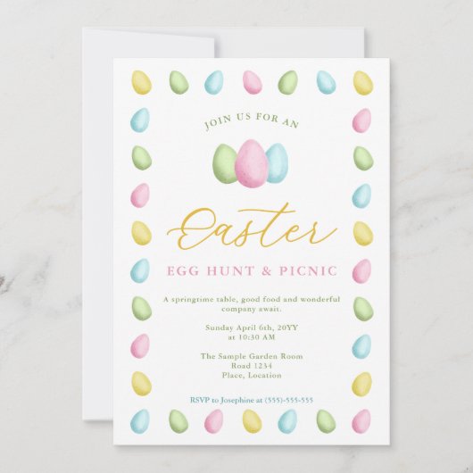 Invitation Pastel Watercolor Easter Eggs Easter Picnic (Devant)