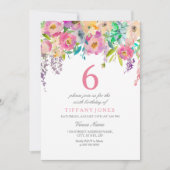 Invitation Pastel Watercolor Flowers Filles 6e fête d'anniver (Devant)