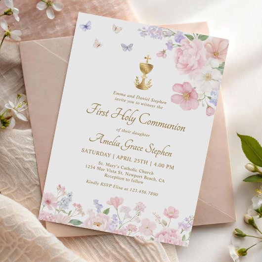 Invitation Pastel Watercolor Flowers First Communion