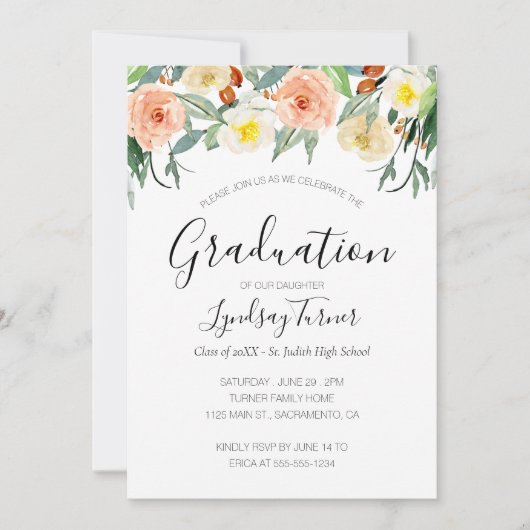 Invitation Pastel Watercolor Flowers Graduation Party (Devant)