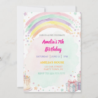 Invitation Pastel Watercolor Rainbow Birthday