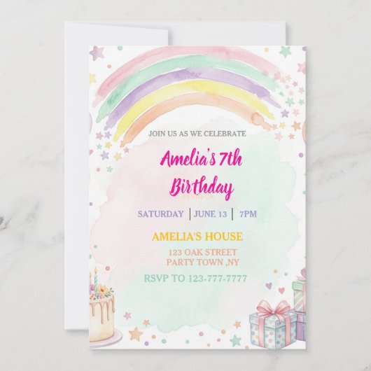 Invitation Pastel Watercolor Rainbow Birthday (Devant)
