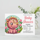 Invitation Pastel Whimsical Dinosaur Baby shower fille (Debout devant)