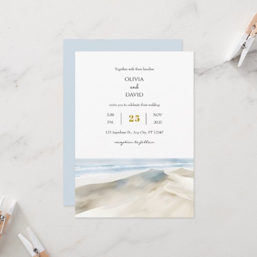 Invitation Pastel White Sandy Dunes Shoreline Beach Wedding (Devant/Arrière en situation)