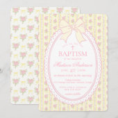 Invitation Pastel Yellow Vintage Fancy Floral Baptism (Devant / Derrière)