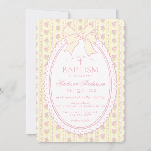 Invitation Pastel Yellow Vintage Fancy Floral Baptism (Devant)