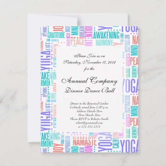 Invitation Pastel Yoga Word Cloud Motif élégant (Dos)